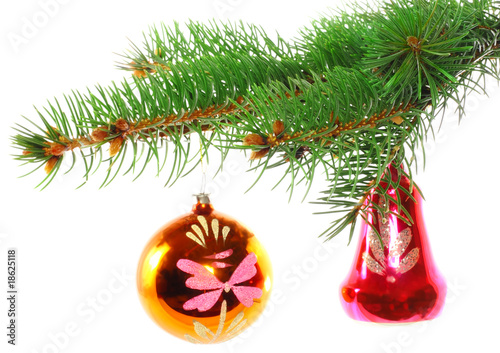 Christmas decoration-glass balls on fir branches.Isolated