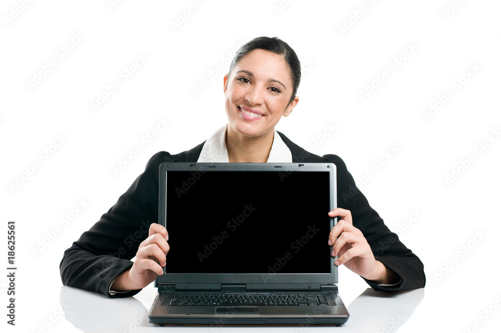 Business woman showing laptop screen Business woman showing laptop screen