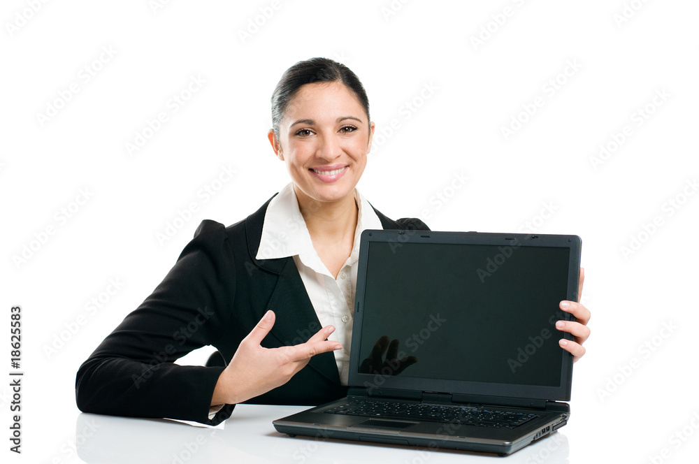 Business woman showing laptop screen Business woman showing laptop screen