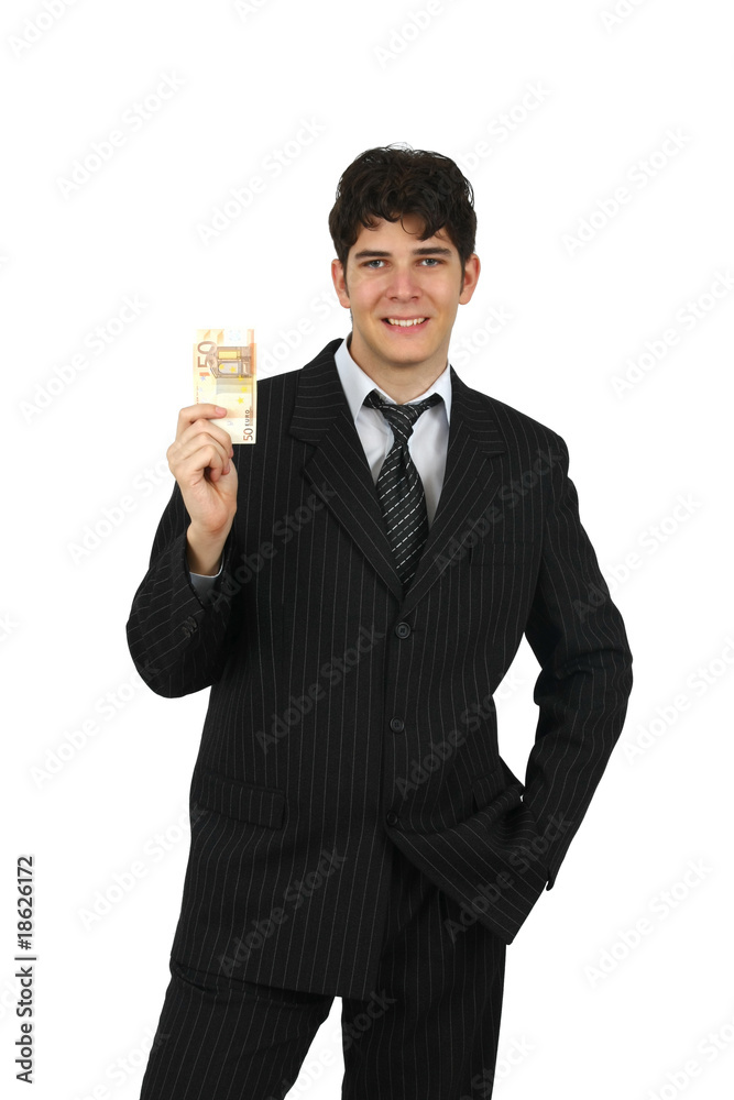 Portrait of a business man holding cash isolated Portrait of a business man holding cash isolated