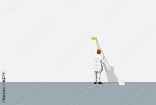 maler mit farbroller vor leerer wand, platz für logo oder text