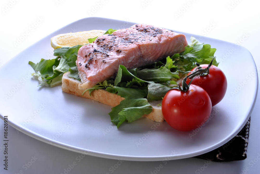 smoked organic wild salmon steak with toast and salad smoked organic wild salmon steak with toast and salad