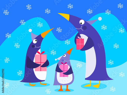 Penguins holding gifts