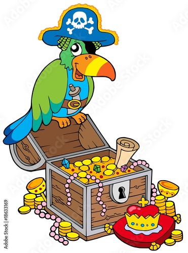 Big treasure chest with pirate parrot