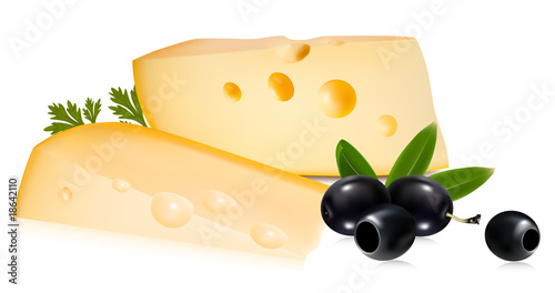 Photorealistic vector illustration. Cheese with black olives..