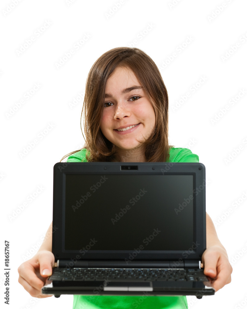 Girl using laptop isolated on white background Girl using laptop isolated on white background