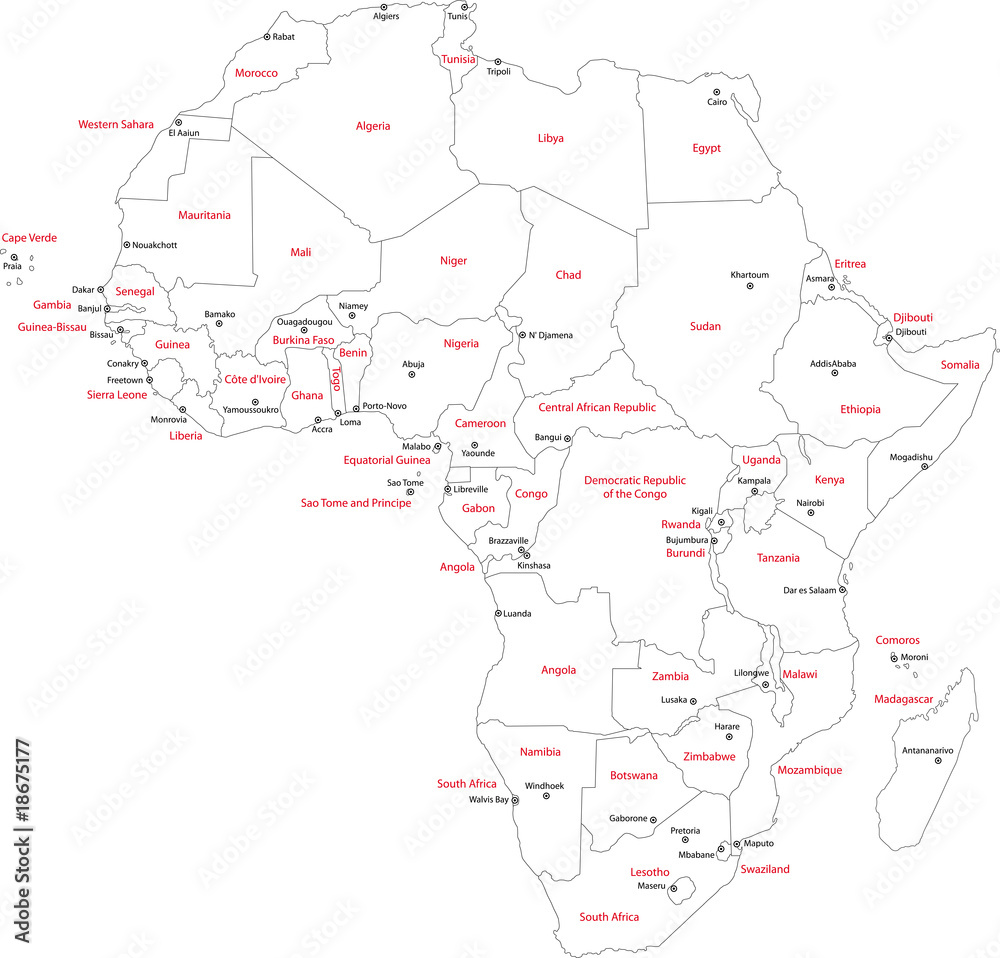 Africa map with countries and capital cities