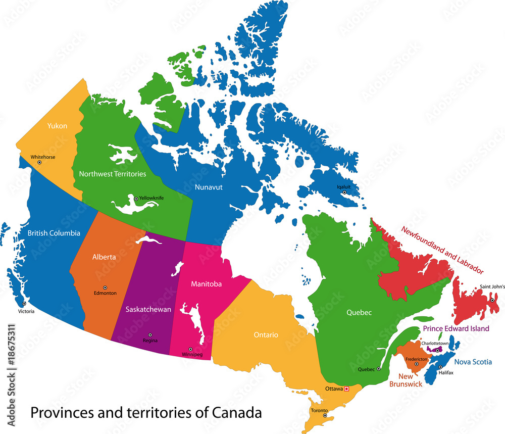 Stockvector Colorful Canada Map With Provinces And Capital Cities 