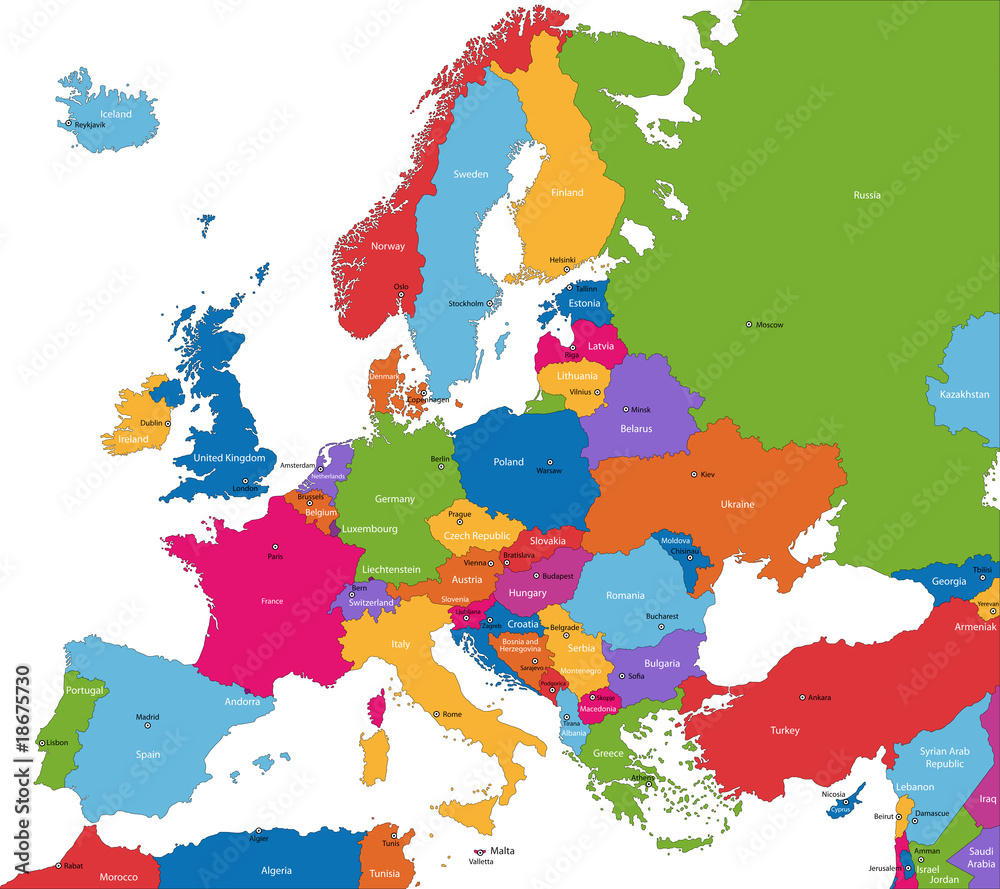 Mapa Europy Ze Stolicami Test Naklejka kolorowa mapa Europy z krajami i stolicami #18675730 - Mapa