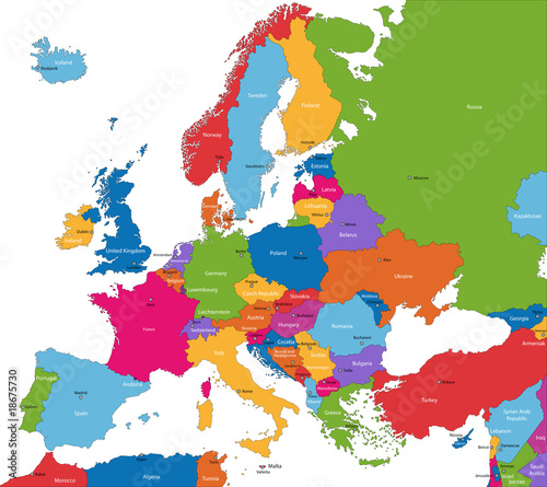 Obraz Kolorowa mapa Europy z krajami i stolicami