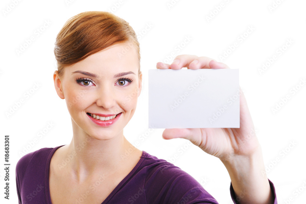 joy female person with blank white small card in hand joy female person with blank white small card in hand