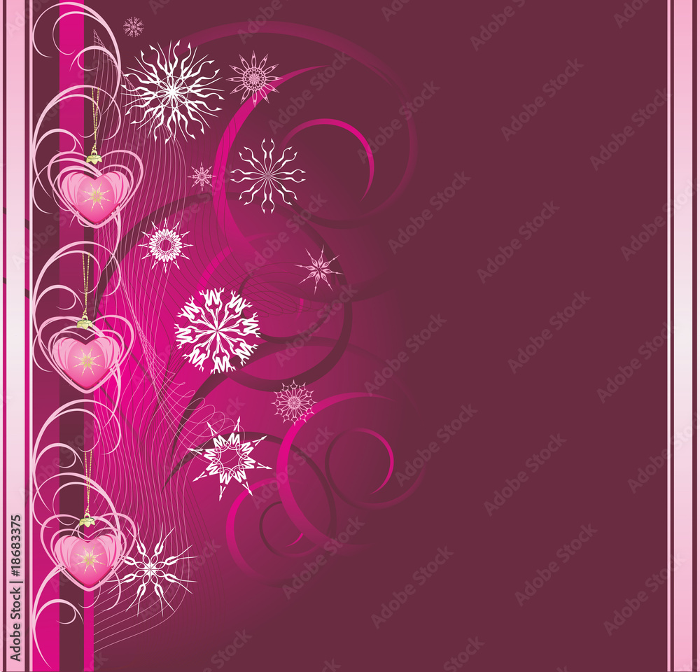 Pink Christmas toys with snowflakes. Banner. Vector
