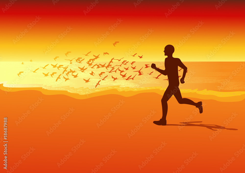 Sportsman running on the beach in the sunset Sportsman running on the beach in the sunset