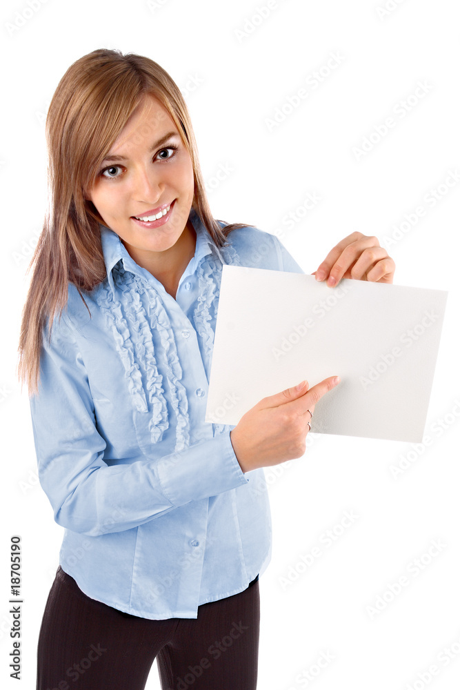 Beautiful business woman holding a blank notecard Beautiful business woman holding a blank notecard