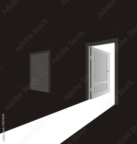 The vector image of an open door and light going through it
