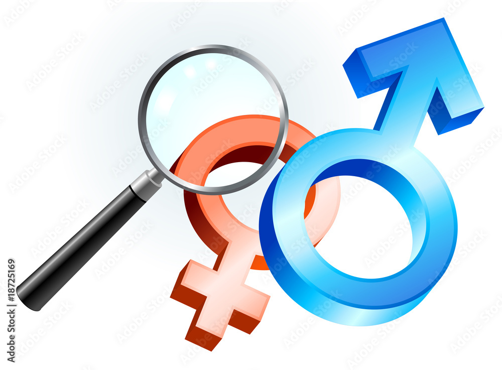 Male and Female gender symbol under magnifying glass Male and Female gender symbol under magnifying glass