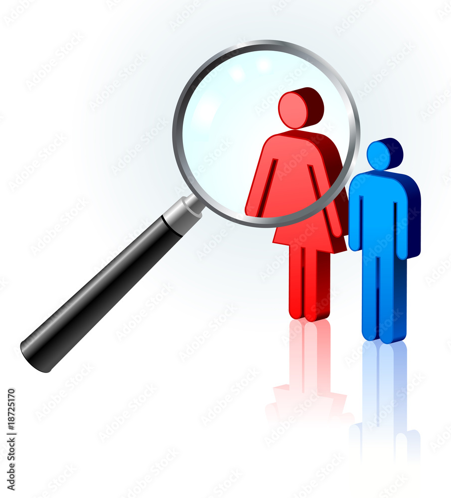 Man and Woman stick figure under magnifying glass Stock Vector | Adobe Stock