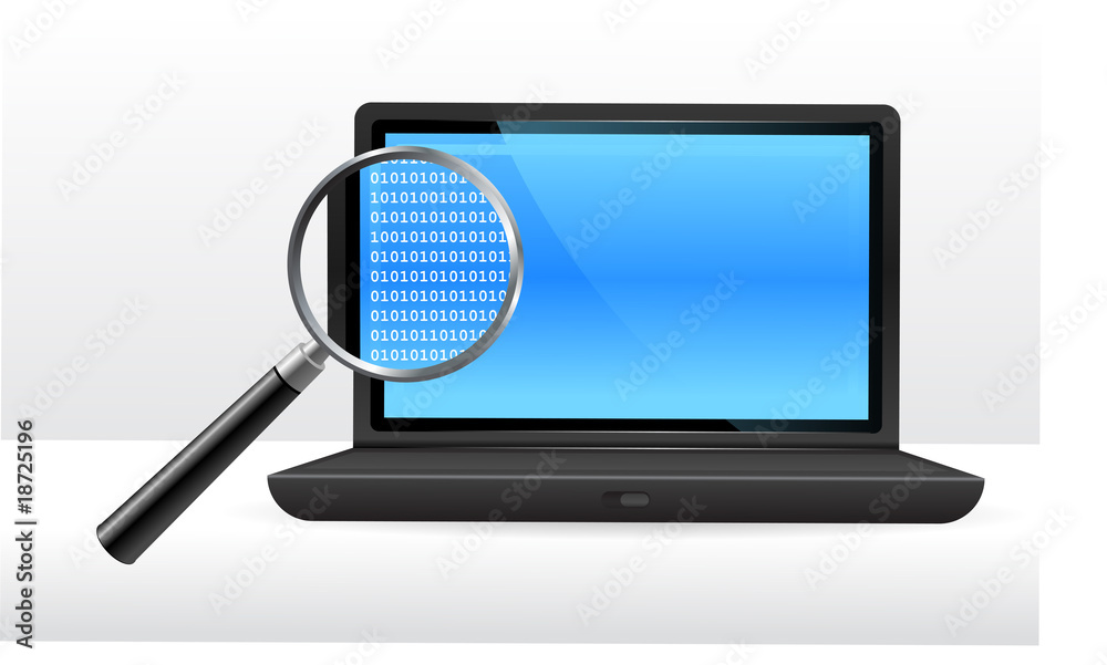 Laptop computer with binary code under magnifying glass Laptop computer with binary code under magnifying glass