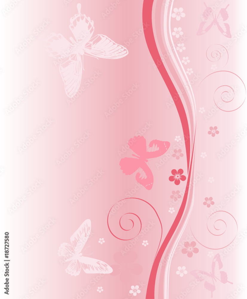 pink silhouettes of butterflies, flowers and curls