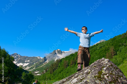 Hiker in Caucasus mountains