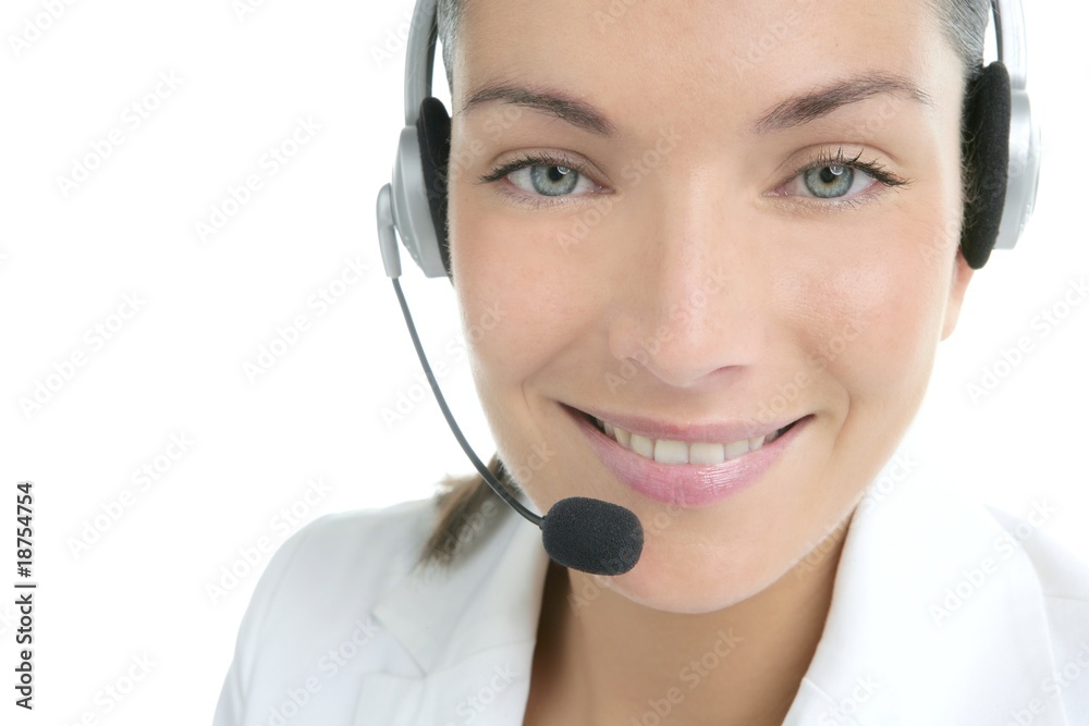 Beautiful headset businesswoman portrait in white Beautiful headset businesswoman portrait in white