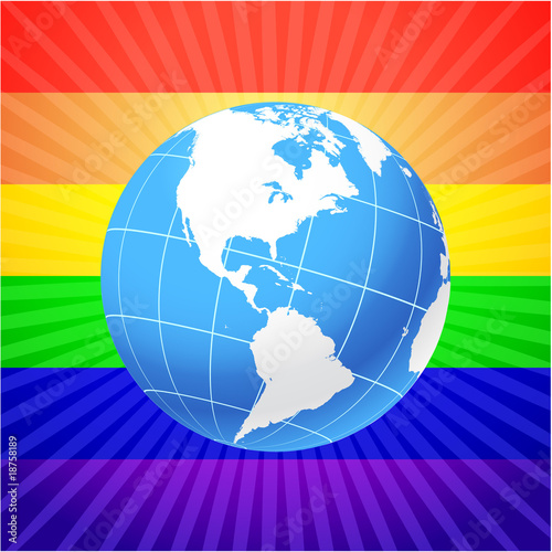 Globe on glowing rainbow background