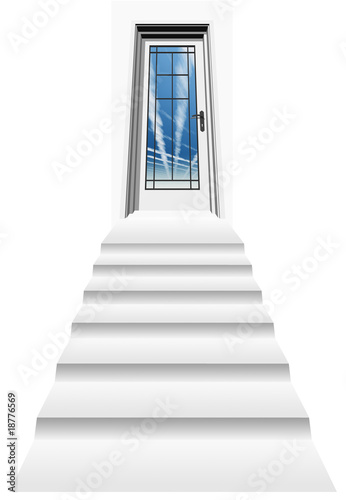 high resolution 3D opened door with a stair to a blue sky