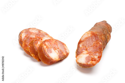 One Smoked pork sausage, portuguese chouriço photo
