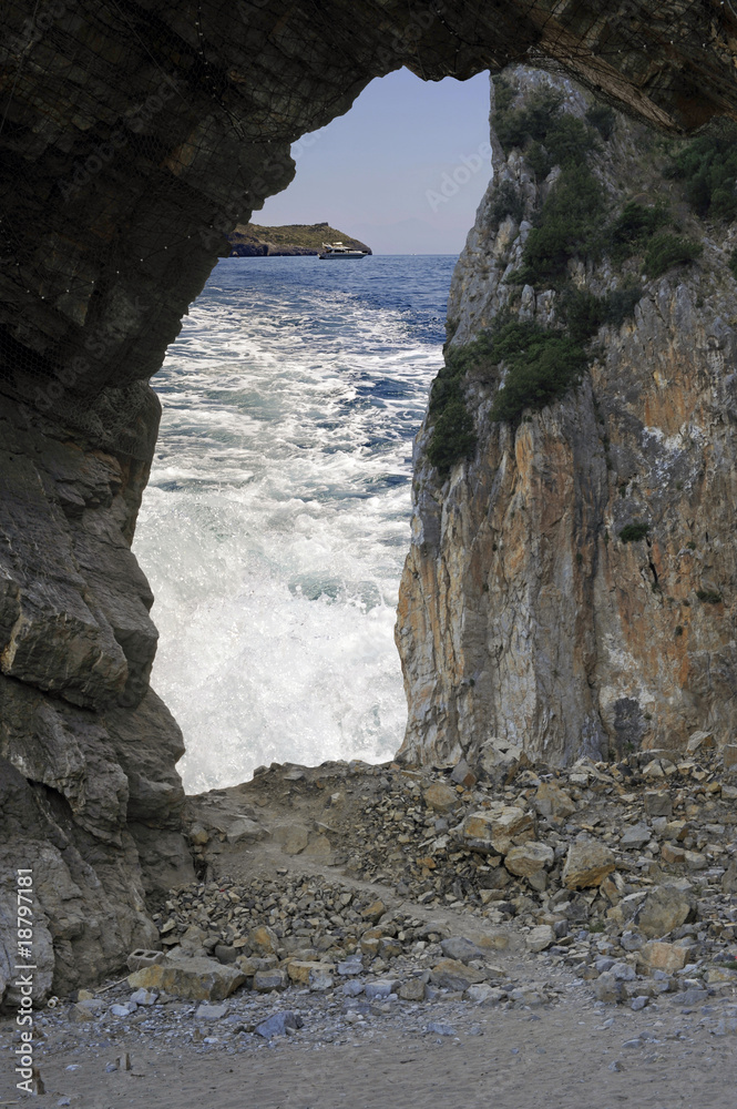 Ocean foreshortening through a cave, Palinuro, Italy