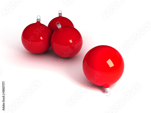 Three red christmas balls isolated over white 3d