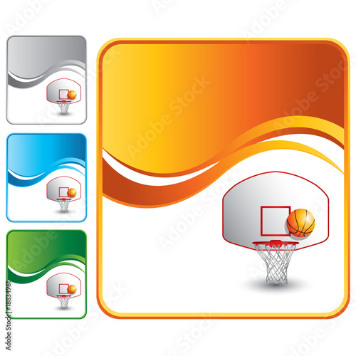 basketball goal and ball on multicolored wave backdrops
