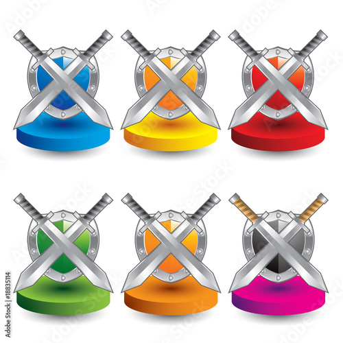 crossed swords and shield colored discs