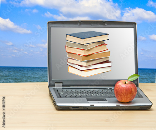 Notebook  with picture of pile of books on screen photo