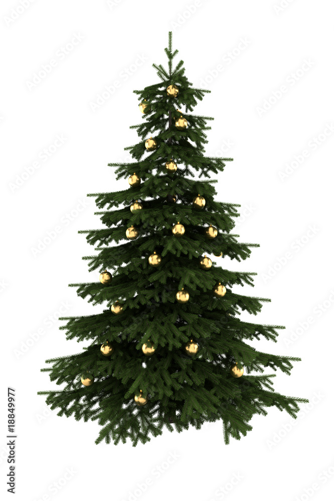 christmas tree with gold balls isolated on white background