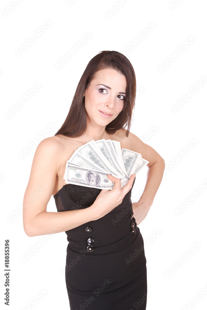 Attractive woman takes lot of 100 dollar bills Attractive woman takes lot of 100 dollar bills