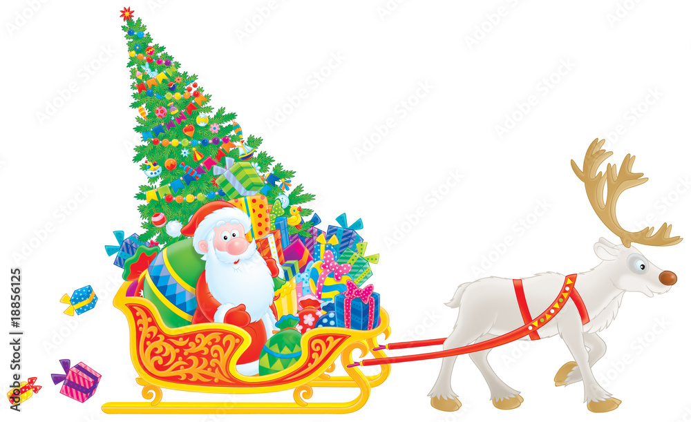 Fototapeta premium Santa sledges with the Christmas tree and gifts