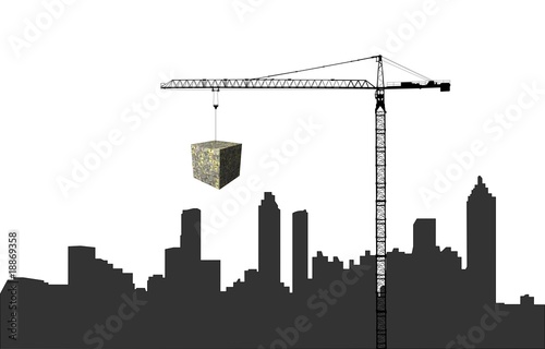 Crane with dollar cube and Atlanta skyline illustration