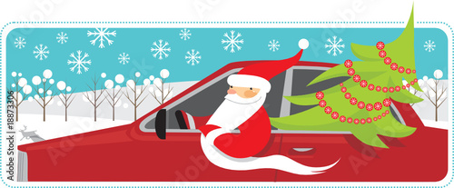 Santa is carrying a Christmas tree by car