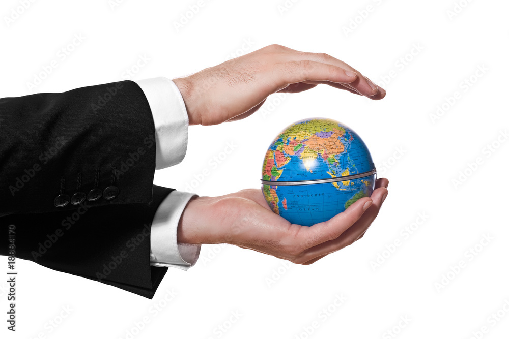 businessman holding mini globe isolated on white businessman holding mini globe isolated on white