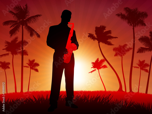 Canvas Print live saxophone performer on tropical red background