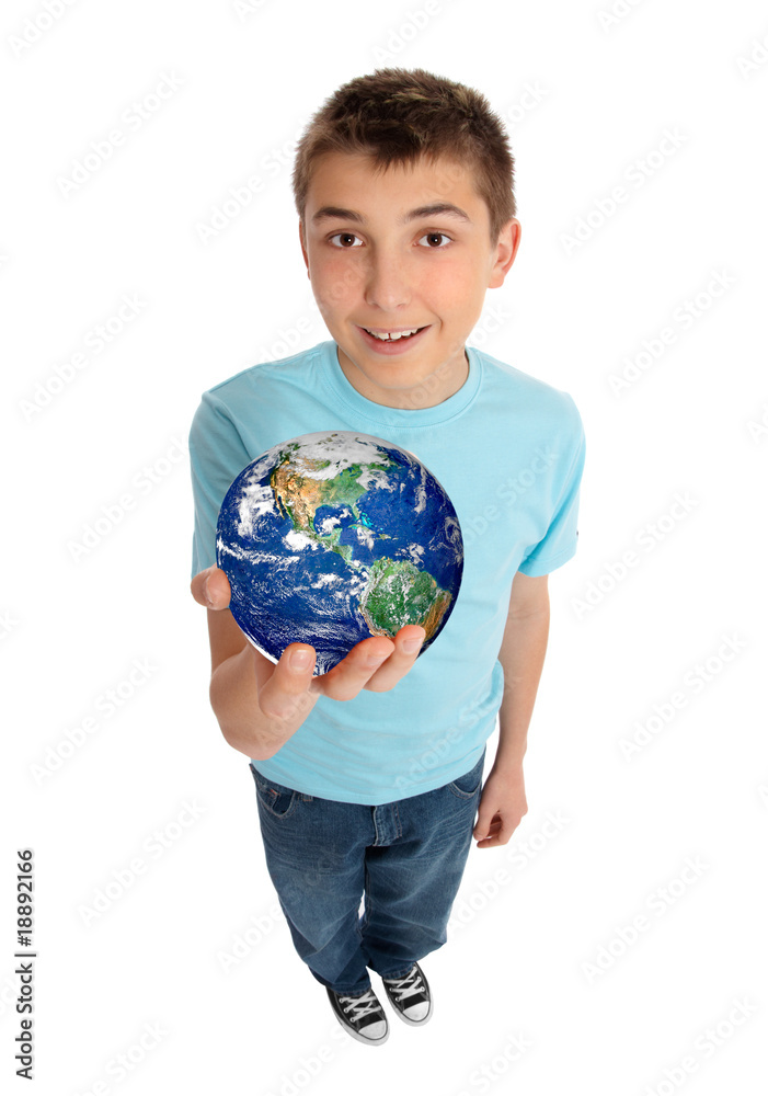 Boy holding planet earth world in his hand Boy holding planet earth world in his hand