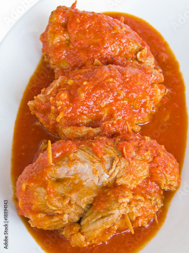 Meat roulade with tomato sauce on plate photo