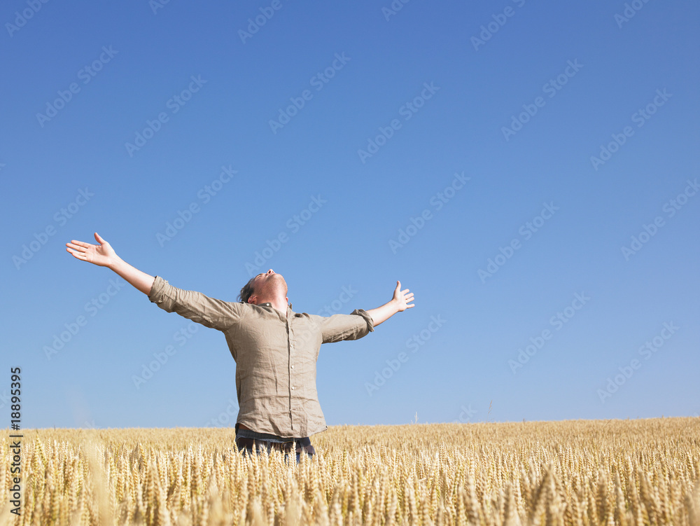 Man in Wheat Field With Arms Outstretched Man in Wheat Field With Arms Outstretched