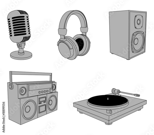 Set of 5 music devices, isolated on white background.