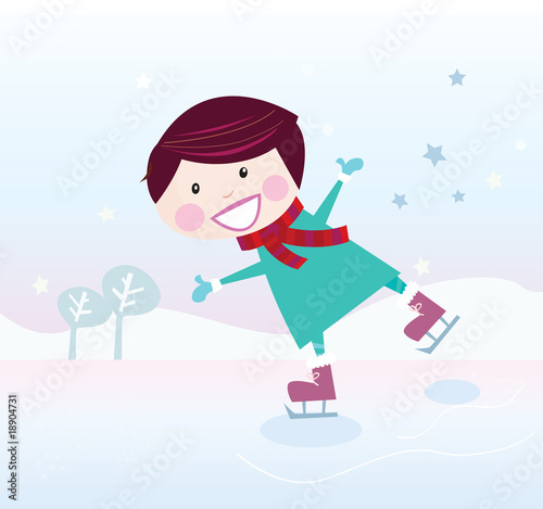 Ice skating boy. Vector cartoon illustration.