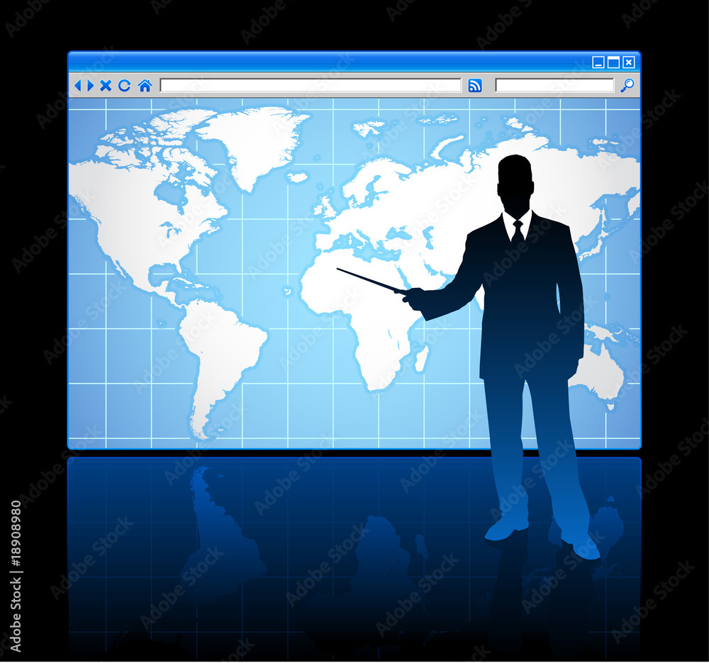 Business man on web browser internet concept with world map Business man on web browser internet concept with world map
