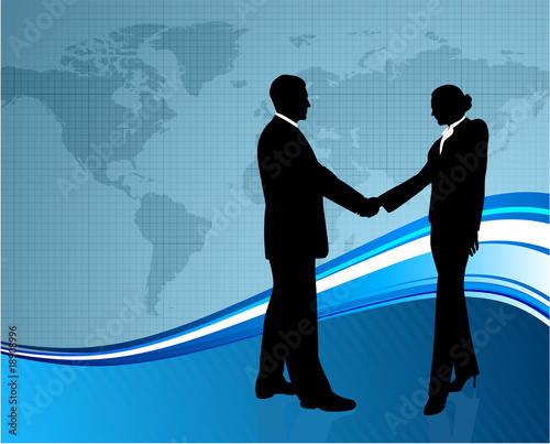 Business greeting with world map