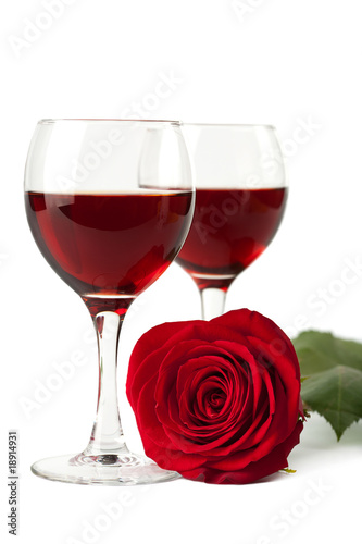 wine glasses and red rose isolated