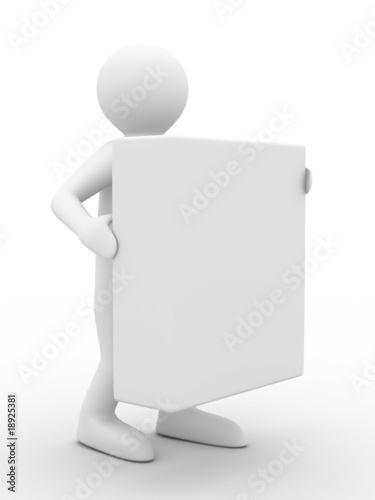 Men holds box on white back...