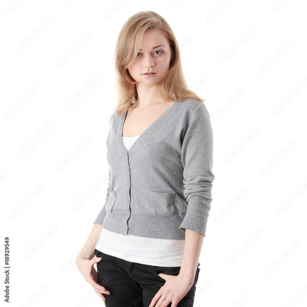 Fototapeta premium Young student woman. Over white background.